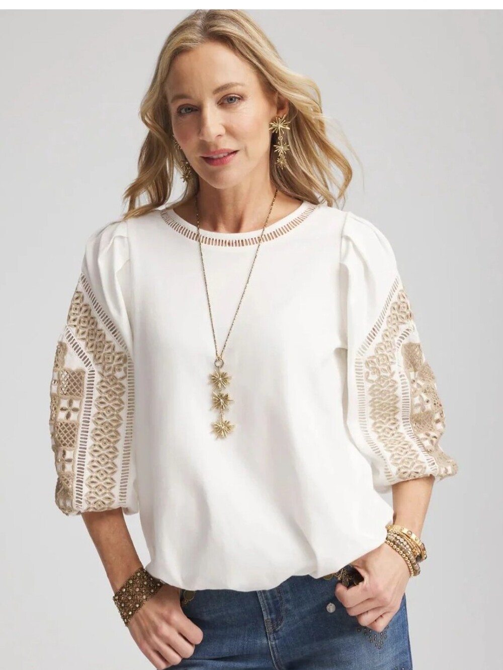 Chico's Embroidered Puff-Sleeve Women's Top